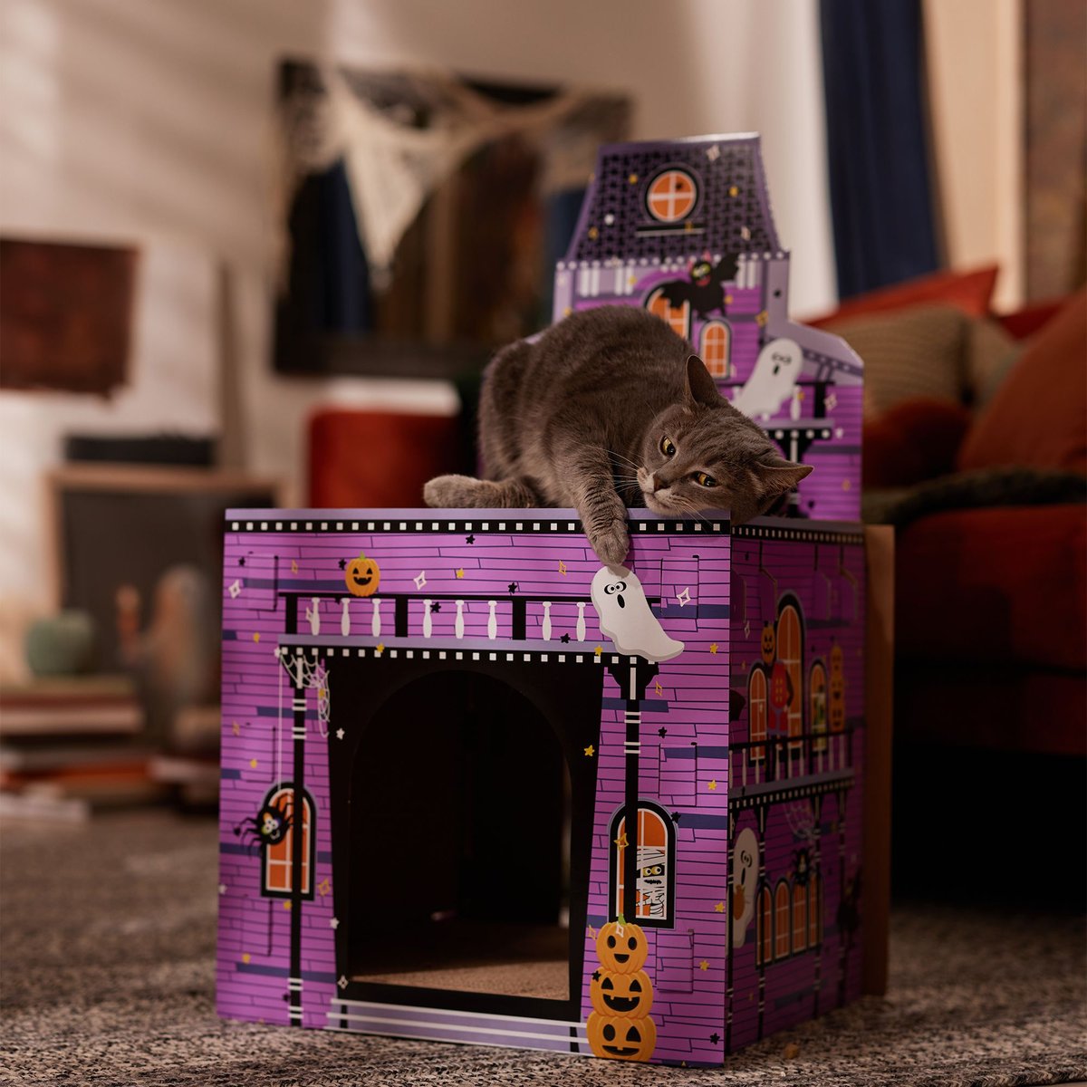 Frisco Halloween Mansion Cardboard Cat House with Silvervine & Catnip, 2-Story