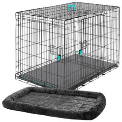 Frisco Heavy Duty Enhanced Lock Double Door Fold & Carry Wire Crate & Mat Kit, Teal, X-Large + MidWest Quiet Time Fleece Dog Crate Mat, Gray, 48-in slide 1 of 9