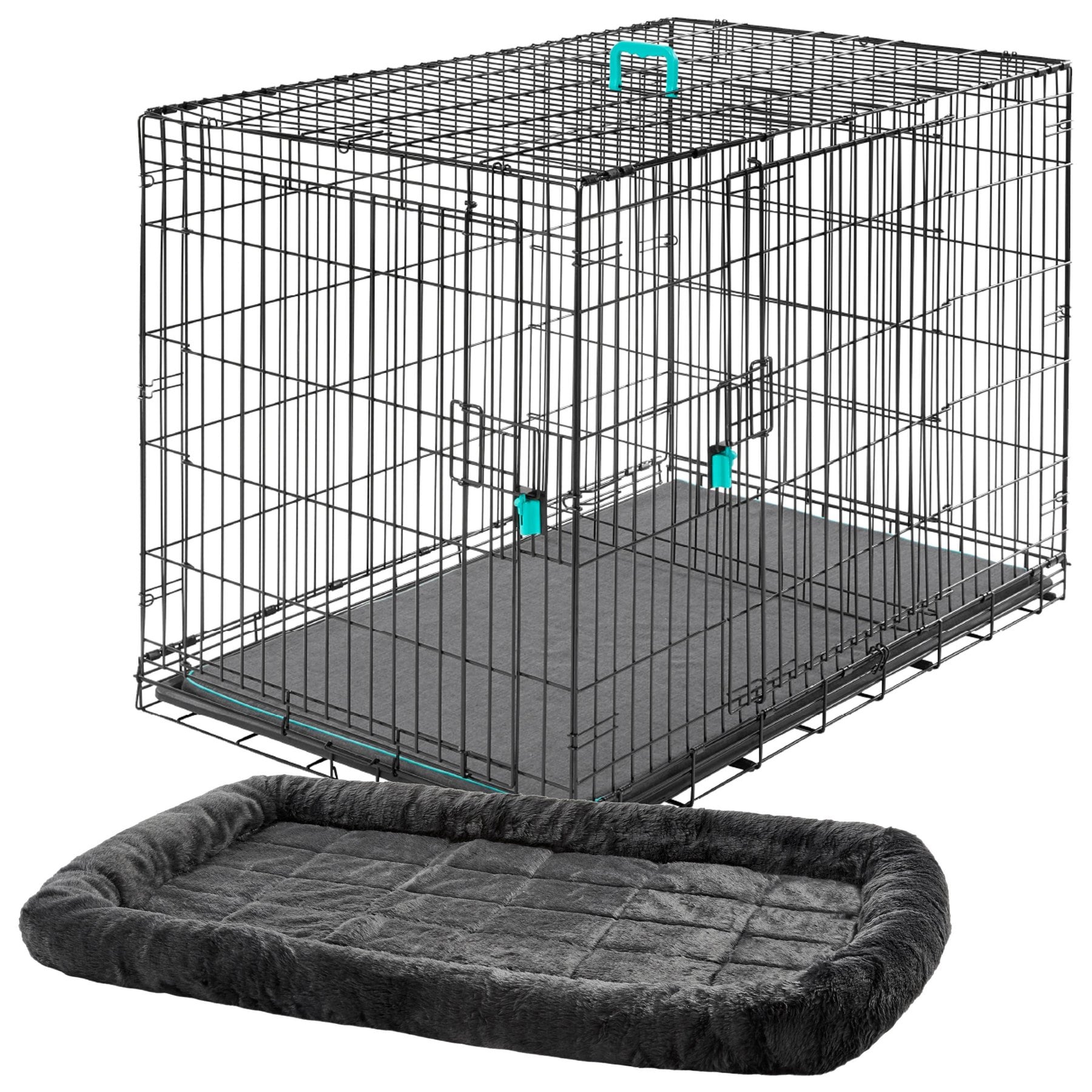 Frisco Heavy Duty Enhanced Lock Double Door Fold & Carry Wire Crate & Mat Kit, Teal, X-Large + MidWest Quiet Time Fleece Dog Crate Mat, Gray, 48-in