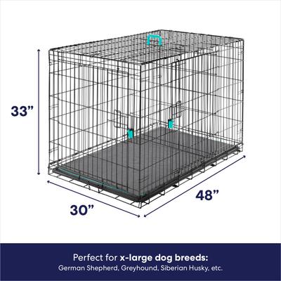 Show full view: Frisco Heavy Duty Enhanced Lock Double Door Fold & Carry Wire Crate & Mat Kit, Teal, X-Large + MidWest Quiet Time Fleece Dog Crate Mat, Gray, 48-in slide 3 of 9