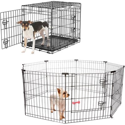 Frisco Frisco Heavy Duty Fold & Carry Double Door Collapsible Wire Dog Crate, 24 inch & Frisco Wire Dog Exercise Pen with Step-Through Door, Black, 24-in