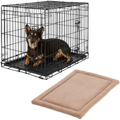 Frisco Frisco Heavy Duty Fold & Carry Double Door Collapsible Wire Dog Crate, 30 inch & Frisco Micro Terry Dog Crate Mat, Taupe, 30-in
