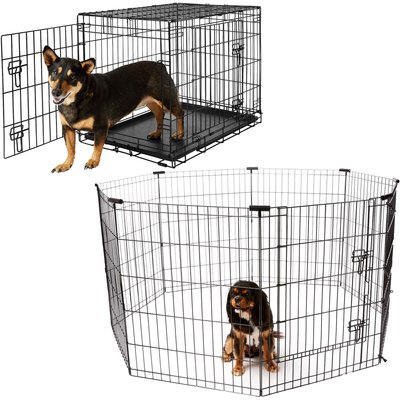 Frisco Frisco Heavy Duty Fold & Carry Double Door Collapsible Wire Dog Crate, 30 inch & Frisco Wire Dog Exercise Pen with Step-Through Door, Black, 30-in