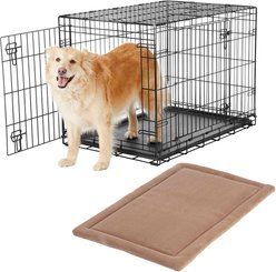 Frisco Heavy Duty Fold & Carry Double Door Collapsible Wire Dog Crate, 36 inch & Frisco Micro Terry Dog Crate Mat, Taupe, 36-in