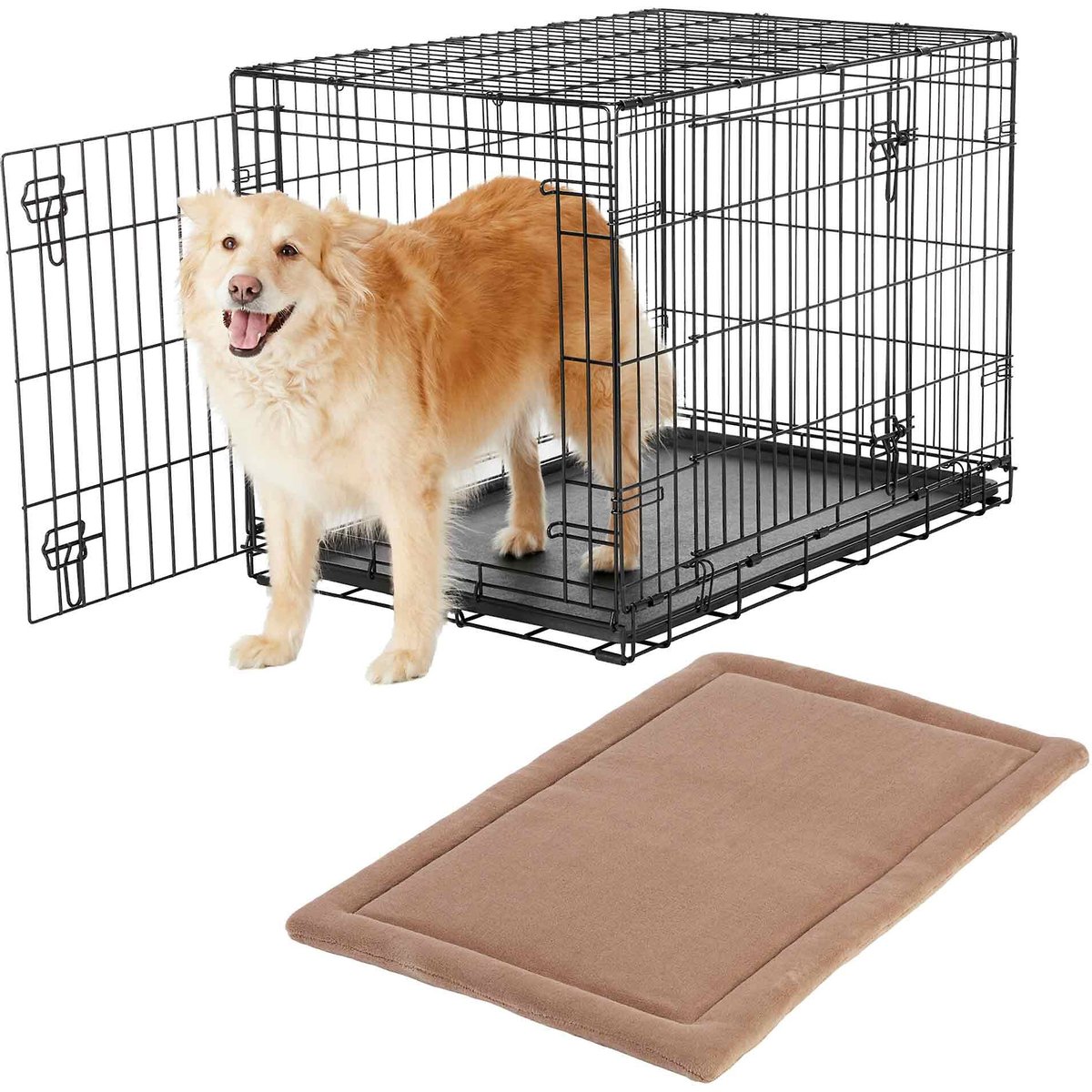 Frisco Heavy Duty Fold & Carry Double Door Collapsible Wire Dog Crate, 36 inch & Frisco Micro Terry Dog Crate Mat, Taupe, 36-in