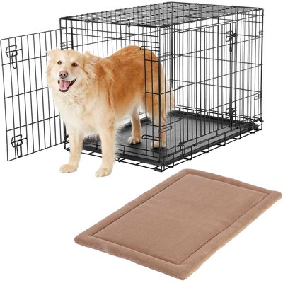 Frisco Frisco Heavy Duty Fold & Carry Double Door Collapsible Wire Dog Crate, 36 inch & Frisco Micro Terry Dog Crate Mat, Taupe, 36-in