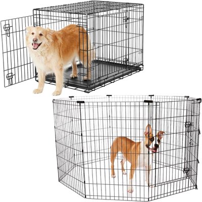 Frisco Frisco Heavy Duty Fold & Carry Double Door Collapsible Wire Dog Crate, 36 inch & Frisco Wire Dog Exercise Pen with Step-Through Door, Black, 36-in