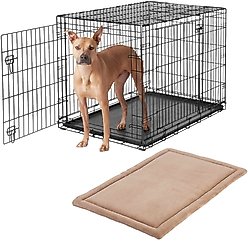 Frisco Heavy Duty Fold & Carry Double Door Collapsible Wire Dog Crate, 42 inch & Frisco Micro Terry Dog Crate Mat, Taupe, 42-in