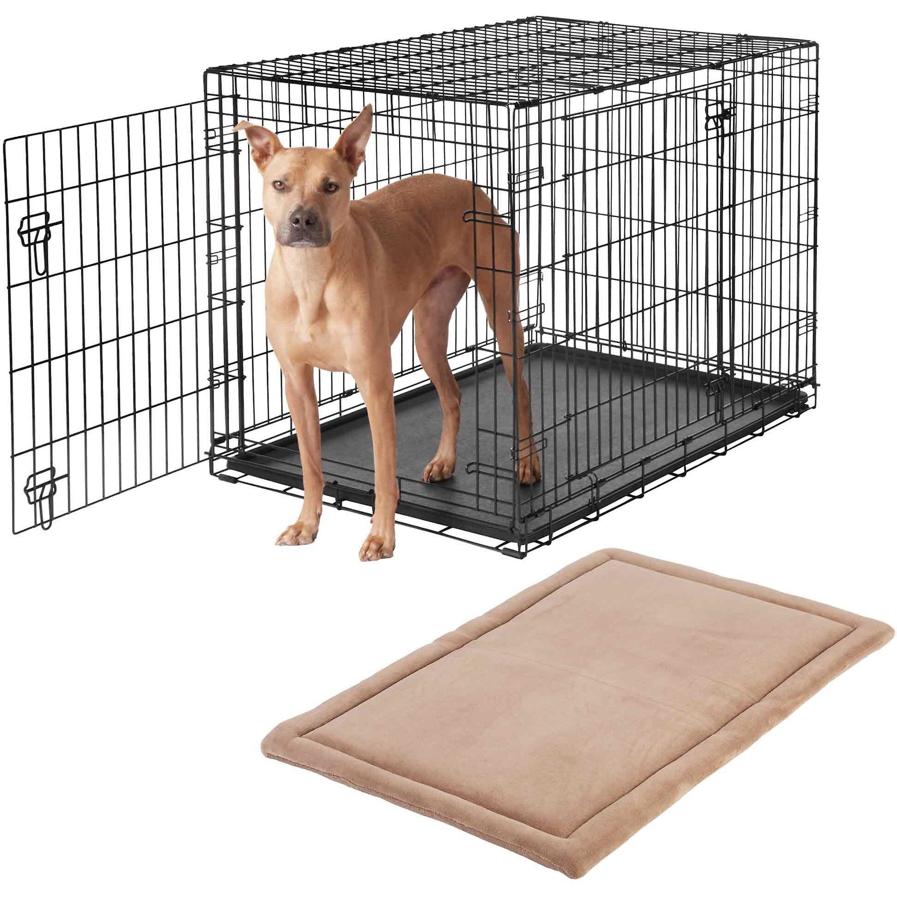 Frisco Heavy Duty Fold & Carry Double Door Collapsible Wire Dog Crate, 42 inch & Frisco Micro Terry Dog Crate Mat, Taupe, 42-in