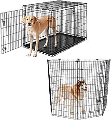 Frisco Heavy Duty Fold & Carry Double Door Collapsible Wire Dog Crate, 48 inch + Wire Dog Exercise Pen with Step-Through Door, Black, 48-in