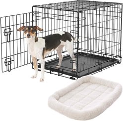 Frisco Heavy Duty Fold & Carry Single Door Collapsible Wire Dog Crate, 24 inch & Frisco Quilted Dog Crate Mat, Ivory, 24-in