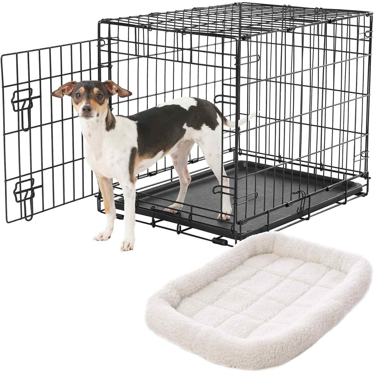 Frisco Heavy Duty Fold & Carry Single Door Collapsible Wire Dog Crate, 24 inch & Frisco Quilted Dog Crate Mat, Ivory, 24-in
