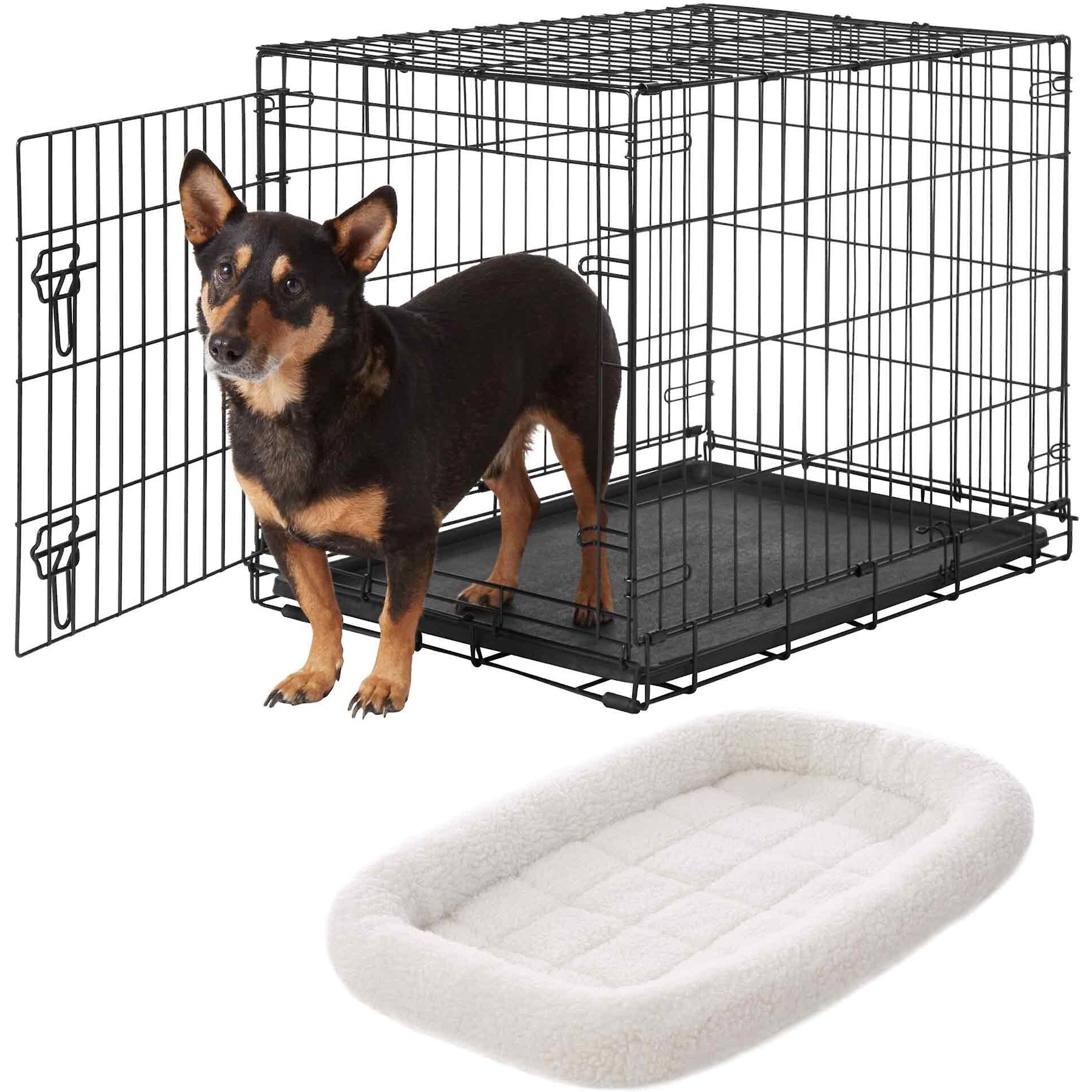 Frisco Heavy Duty Fold & Carry Single Door Collapsible Wire Dog Crate, 30 inch & Frisco Quilted Dog Crate Mat, Ivory, 30-in