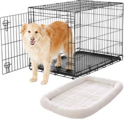 Frisco Heavy Duty Fold & Carry Single Door Collapsible Wire Dog Crate, 36 inch & Frisco Quilted Dog Crate Mat, Ivory, 36-in