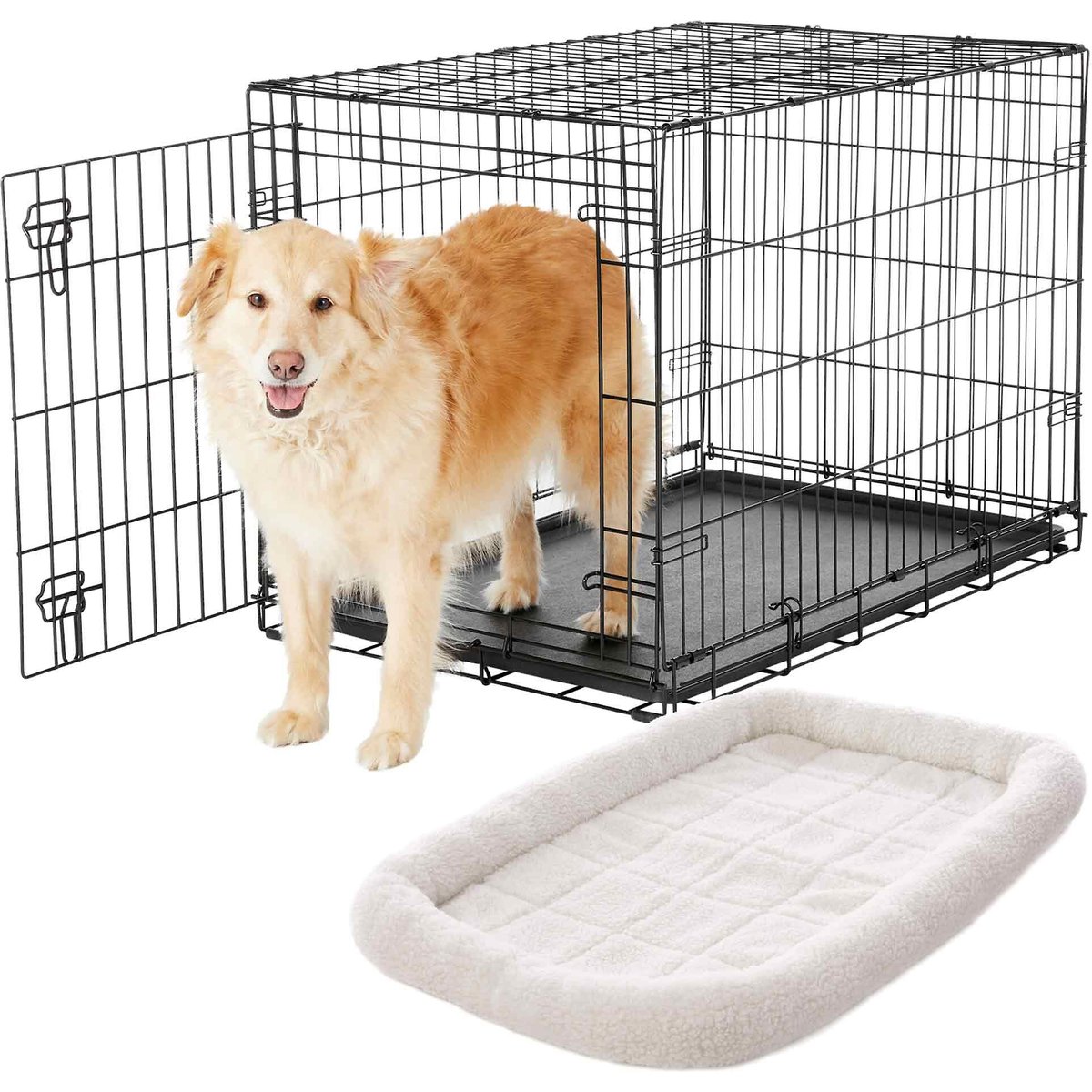 Frisco Heavy Duty Fold & Carry Single Door Collapsible Wire Dog Crate, 36 inch & Frisco Quilted Dog Crate Mat, Ivory, 36-in
