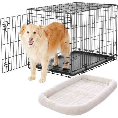 Frisco Frisco Heavy Duty Fold & Carry Single Door Collapsible Wire Dog Crate, 36 inch & Frisco Quilted Dog Crate Mat, Ivory, 36-in