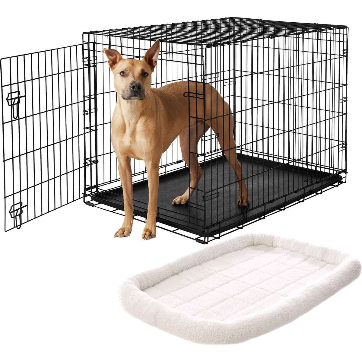 Frisco Heavy Duty Fold & Carry Single Door Collapsible Wire Dog Crate, 42 inch & Frisco Quilted Dog Crate Mat, Ivory, 42-in