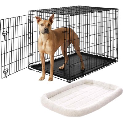 Frisco Frisco Heavy Duty Fold & Carry Single Door Collapsible Wire Dog Crate, 42 inch & Frisco Quilted Dog Crate Mat, Ivory, 42-in