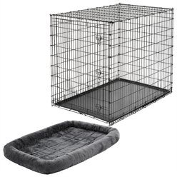 Frisco Heavy Duty Single Door Wire Dog Crate, XX-Large + MidWest Quiet Time Fleece Dog Crate Mat, Gray, 54-in