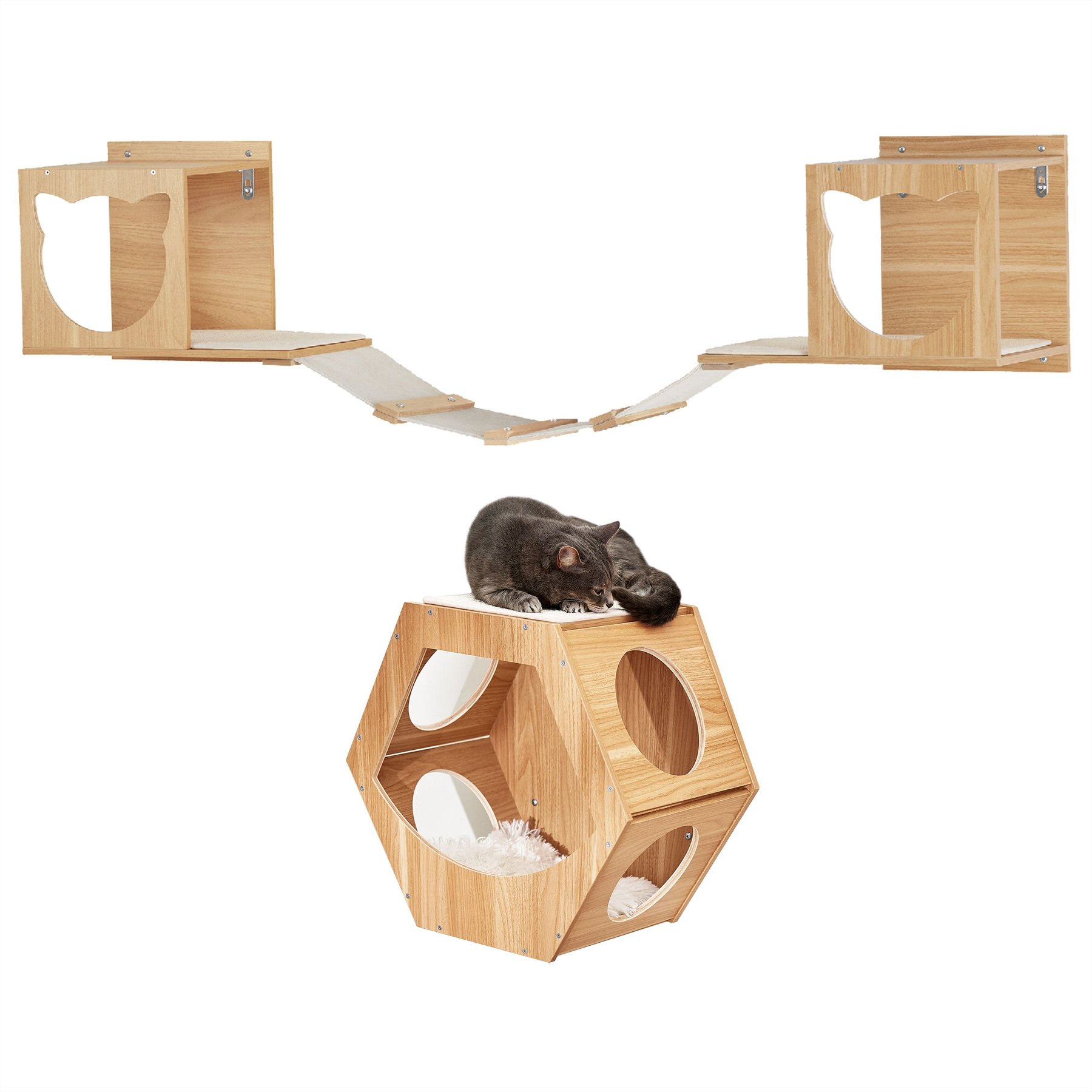 Frisco Hexagon Wall Mounted Wall Shelf + Cat Silhouette with Bridge Wall Mounted Cat Wall Shelves