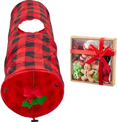 Frisco Holiday Buffalo Plaid Foldable Play Tunnel + Holiday Festive Red Variety Pack Gift Box Cat Toy with Catnip, 14 count