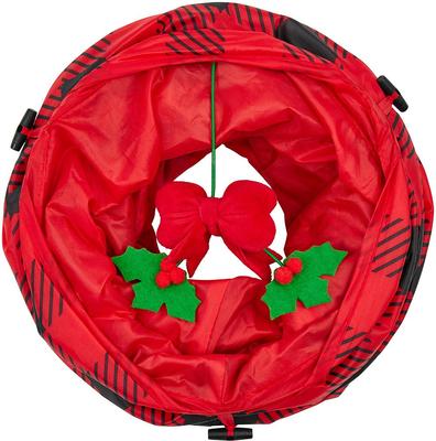 Show full view: Frisco Holiday Buffalo Plaid Foldable Play Tunnel + Holiday Festive Red Variety Pack Gift Box Cat Toy with Catnip, 14 count slide 3 of 7