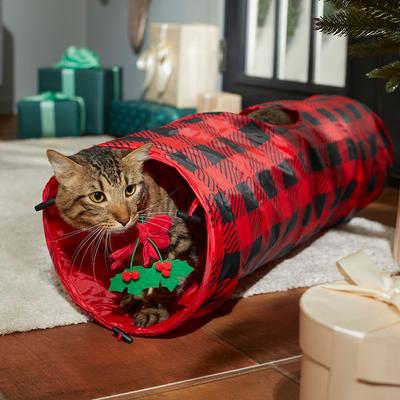 Show full view: Frisco Holiday Buffalo Plaid Foldable Play Tunnel + Holiday Festive Red Variety Pack Gift Box Cat Toy with Catnip, 14 count slide 4 of 7