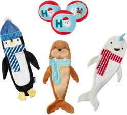 Frisco Holiday Ho Ho Ho Fetch Tennis Ball, Medium, 3 count + Holiday Arctic Friends Stuffing-Free Skinny Plush Squeaky Dog Toy, Small to Large, 3 count