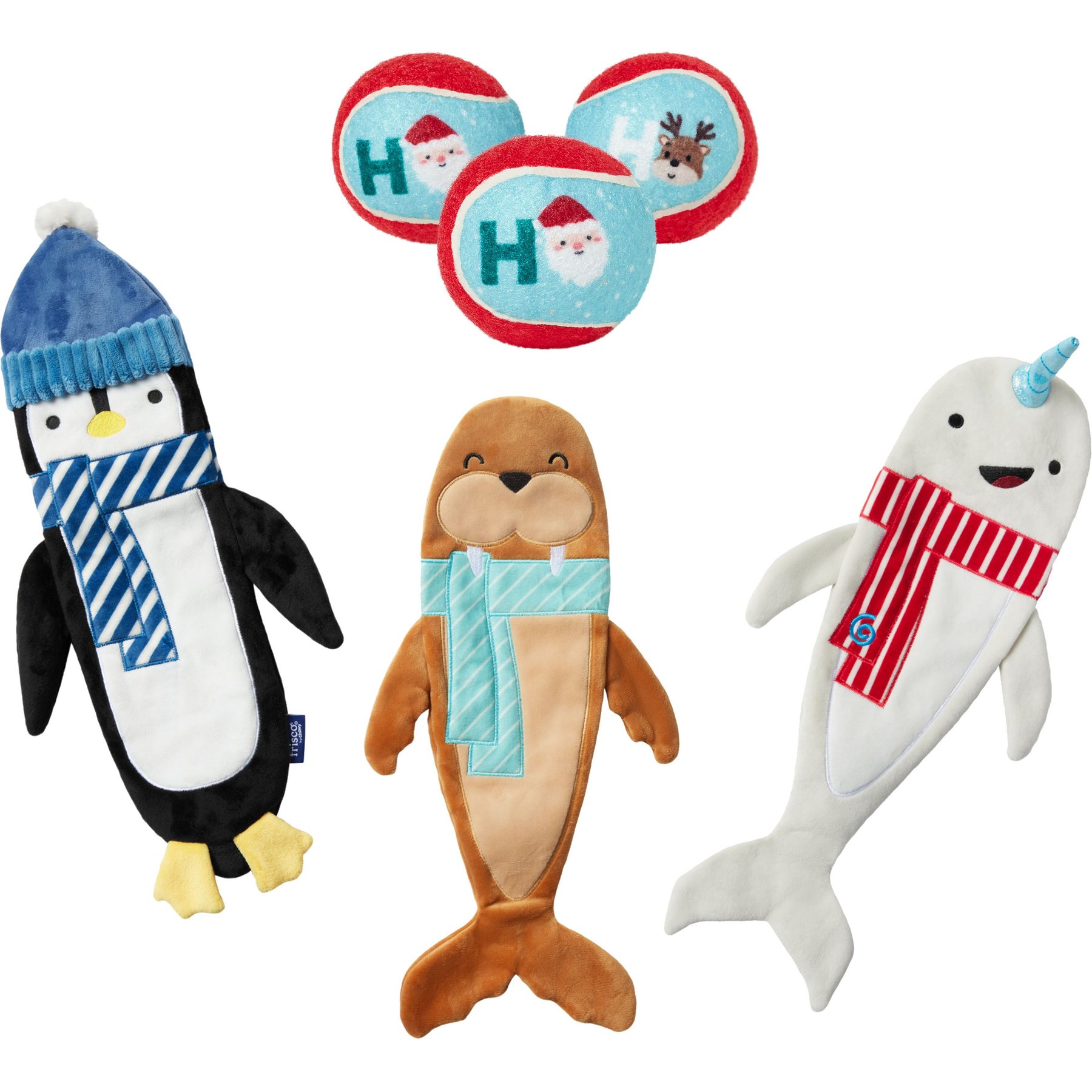 Frisco Holiday Ho Ho Ho Fetch Tennis Ball, Medium, 3 count + Holiday Arctic Friends Stuffing-Free Skinny Plush Squeaky Dog Toy, Small to Large, 3 count