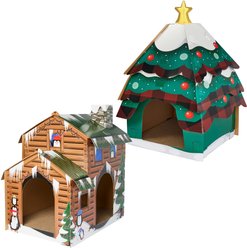 Frisco Holiday Log Cabin + Holiday Christmas Tree Cardboard Cat House