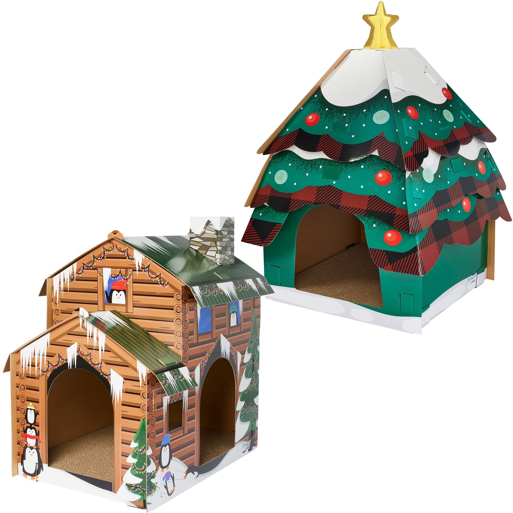Frisco Holiday Log Cabin + Holiday Christmas Tree Cardboard Cat House