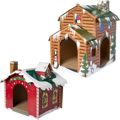 Frisco Holiday Log Cabin + Holiday Santa's Workshop Cardboard Cat House