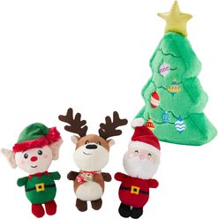 Frisco Holiday Santa's Helpers, 3 count, X-Small/Small + Holiday Tree Thin Plush Squeaky Dog Toy, Medium