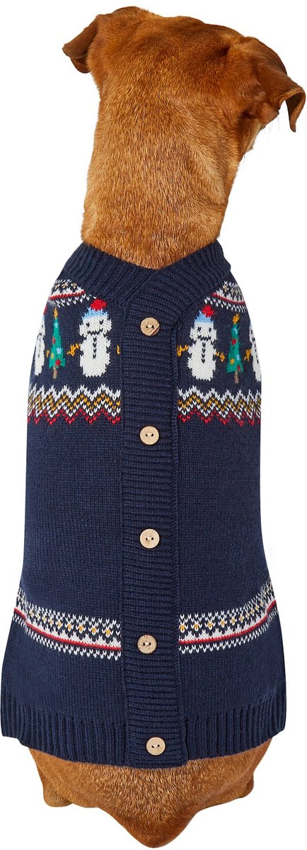Large dog wearing a Frisco Jolly Snowman Faux Cardigan Sweater.
