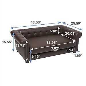 Frisco Leatherette Tufted Sofa Cat & Dog Bed, Brown, Large