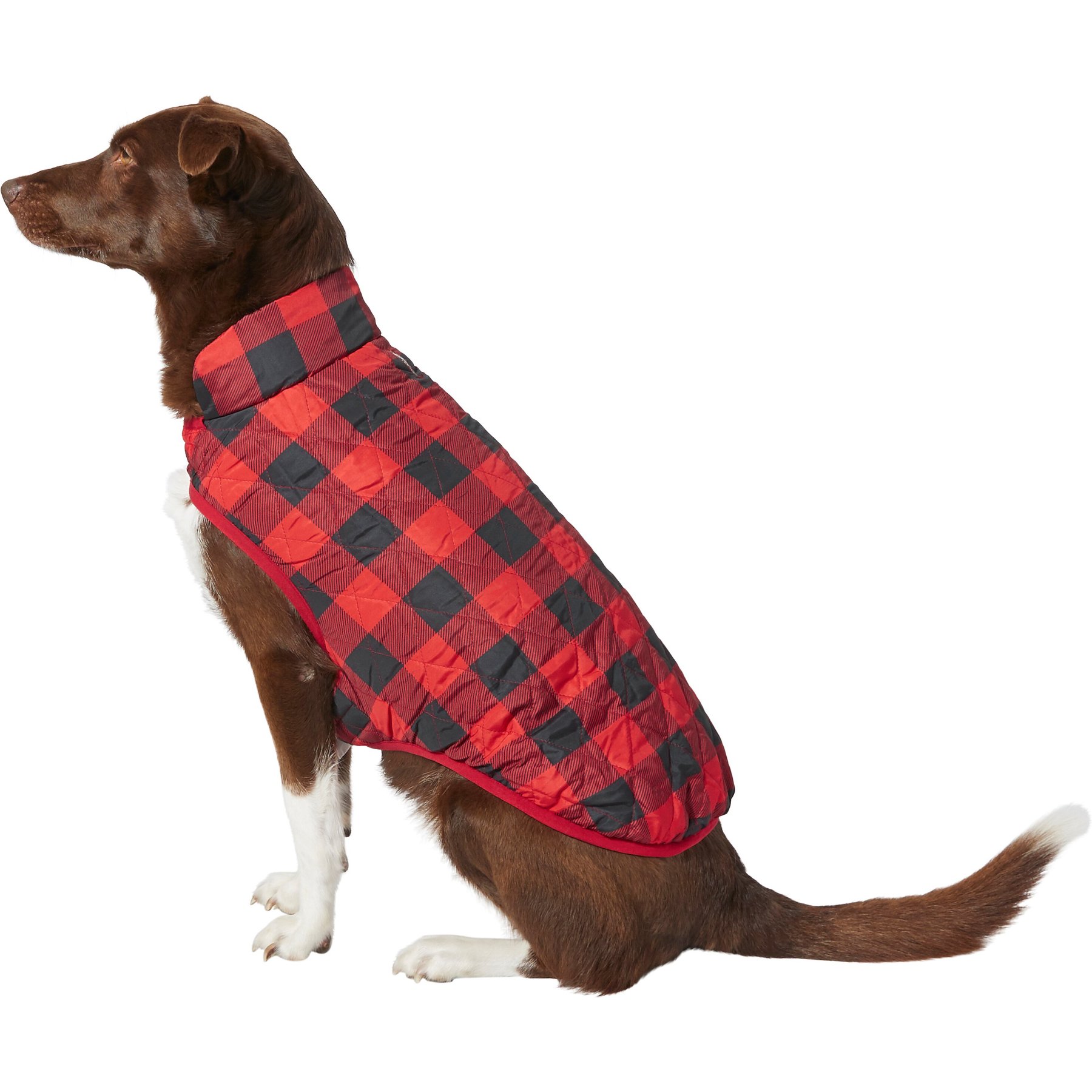 Frisco Lightweight Quilted Water-Resistant Reversible Insulated Dog & Cat Jacket, Gray/Red Plaid, Large