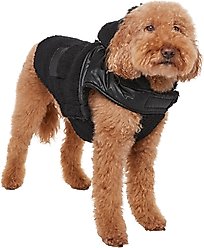 Frisco Medium Weight Faux Leather Dog & Cat Parka with Faux Fur Trimmed Hood, Black, Large