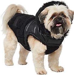 Frisco Medium Weight Faux Leather Dog & Cat Parka with Faux Fur Trimmed Hood, Black, Medium