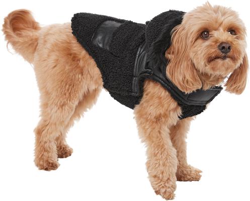 Show full view: Frisco Medium Weight Faux Leather Dog & Cat Parka with Faux Fur Trimmed Hood, Black, Small slide 3 of 9