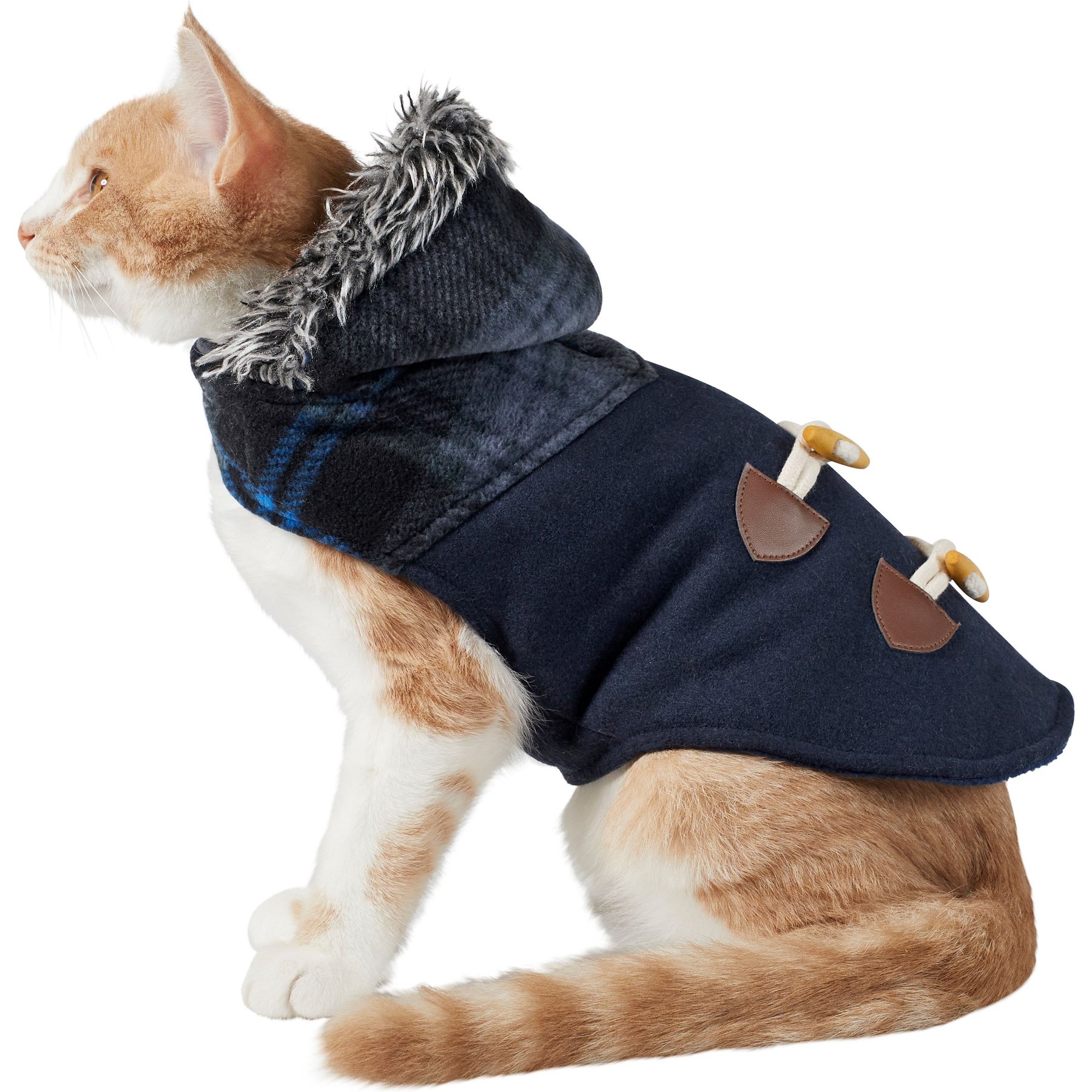 Frisco Mediumweight Plaid Hooded Insulated Dog & Cat Peacoat, Navy, Small