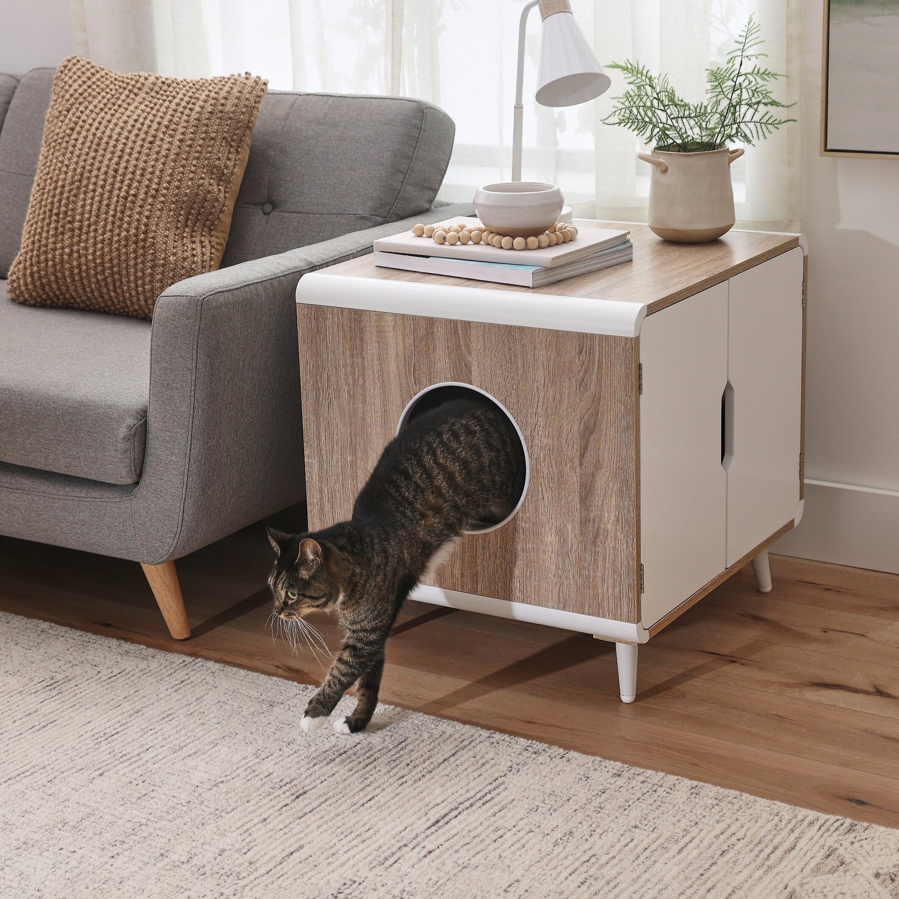 Frisco Mid-Century Modern Side Table Cat Litter Box Cover, Almond