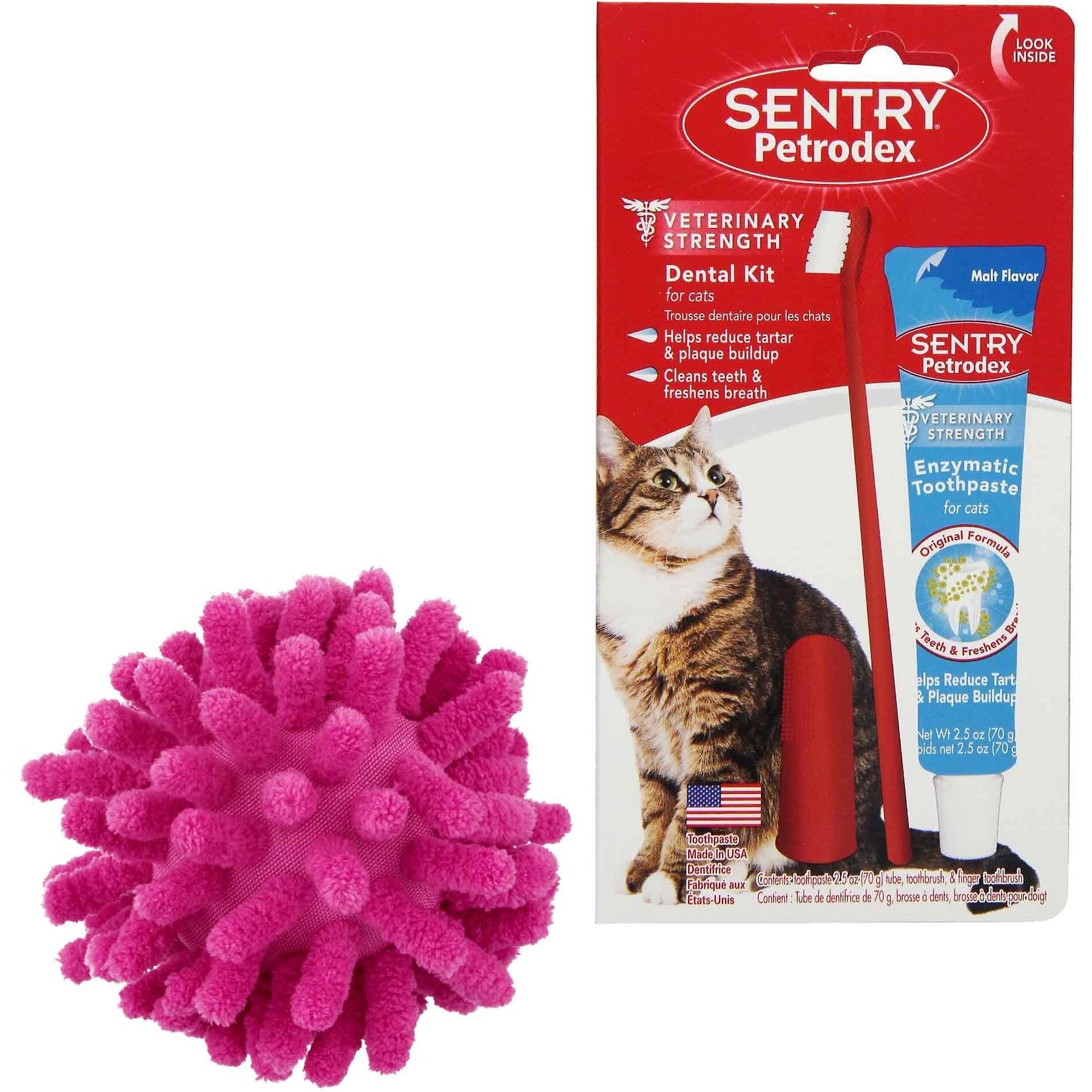Frisco Moppy Ball Cat Toy, Pink & Sentry Petrodex Veterinary Strength Malt Toothpaste Dental Care Kit for Cats
