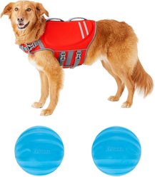 Frisco Neoprene Life Jacket, Large + Floating Fetch Ball No Squeak Dog Toy, Blue, Medium, 2-pack