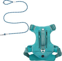 Frisco Outdoor Premium Ripstop Nylon Harness with Pocket, Bayou Teal, Small, Neck: 13 to 19-in, Girth: 16 to 22-in + Waterproof Stinkproof PVC Rope Leash, River Blue, 6 Ft.