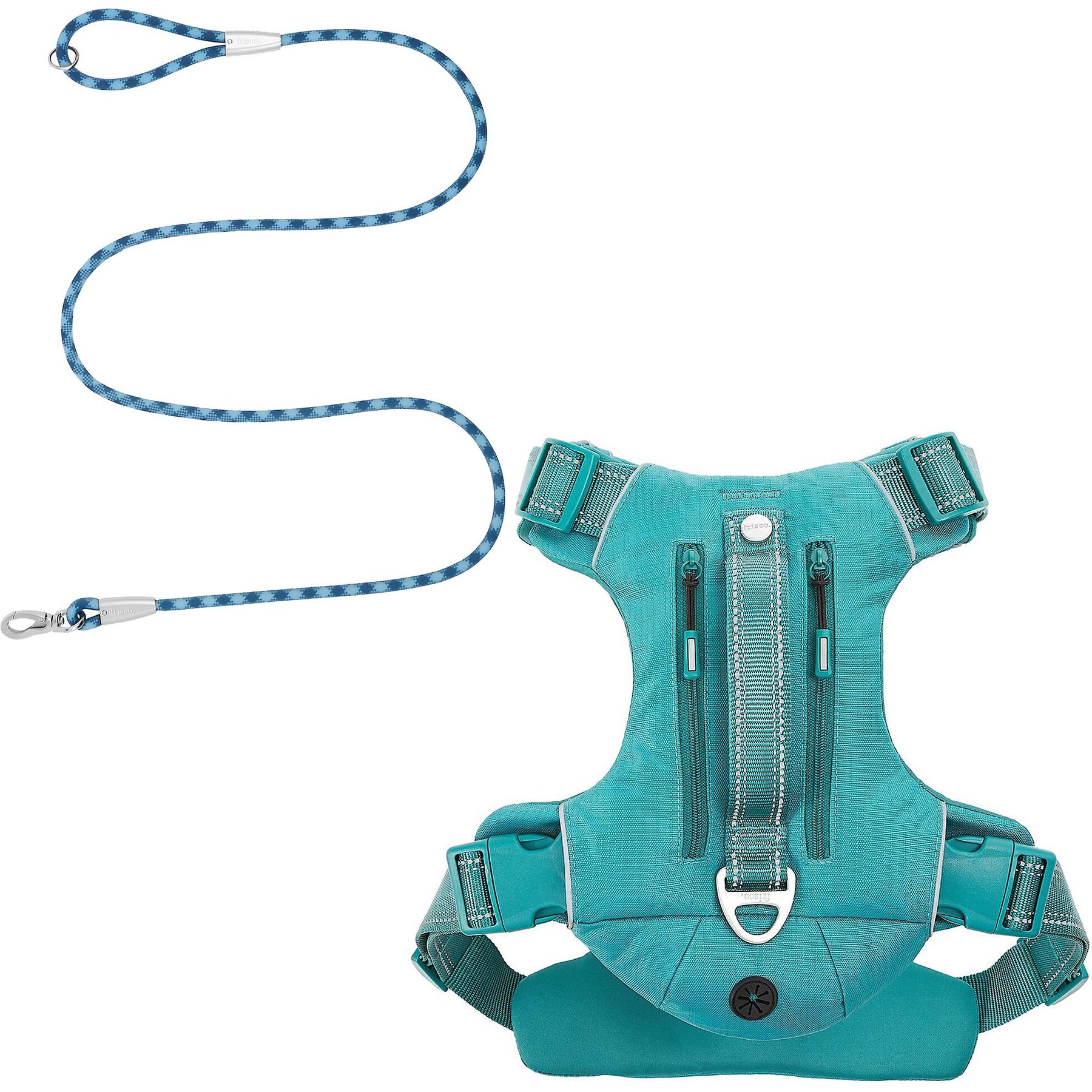 Frisco Outdoor Premium Ripstop Nylon Harness with Pocket, Bayou Teal, Small, Neck: 13 to 19-in, Girth: 16 to 22-in + Waterproof Stinkproof PVC Rope Leash, River Blue, 6 Ft.