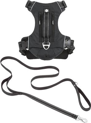 Show full view: Frisco Outdoor Premium Ripstop Nylon Harness with Pocket, Midnight Black, S - Girth: 16-22-in + Reflective Comfort Padded Dog Leash, Midnight Black, SM - Length: 6-ft, Width: 5/8-in slide 1 of 10
