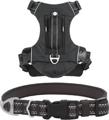 Frisco Outdoor Premium Ripstop Nylon Harness with Pocket, Midnight Black, X-Large - Girth: 32-44-in + Reflective Comfort Padded Dog Collar, Midnight Black, Large, Neck: 18 -26-in, Width: 1-in