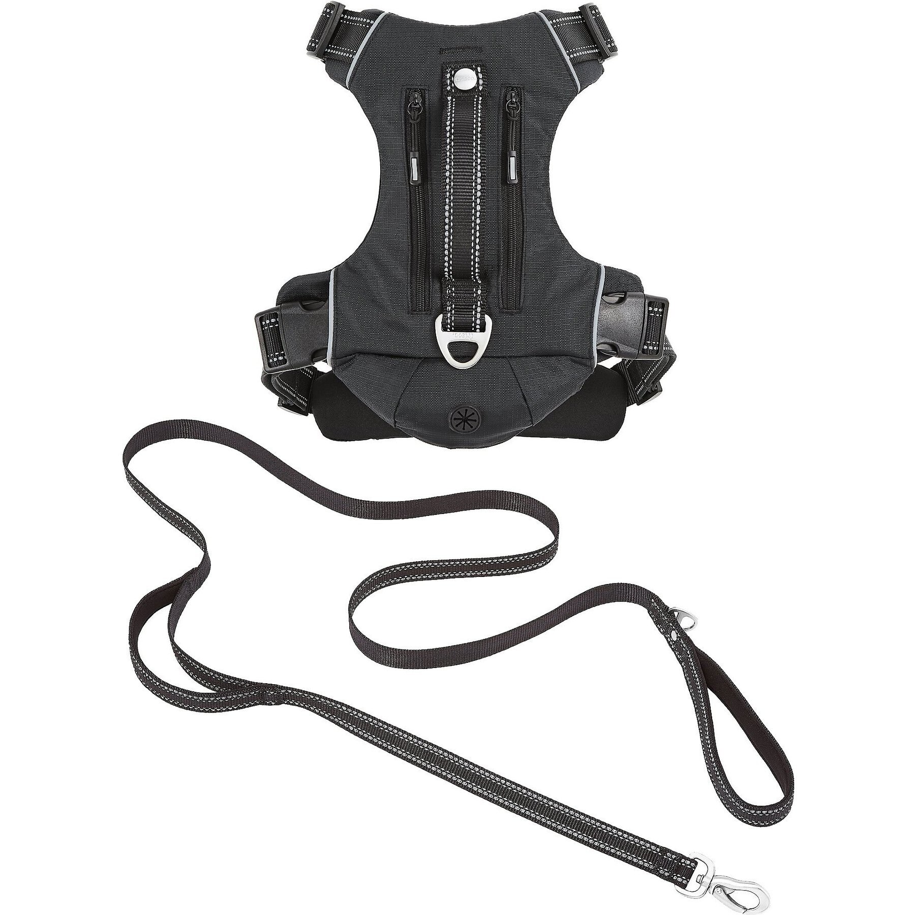 Frisco Outdoor Premium Ripstop Nylon Harness with Pocket, Midnight Black, X-Large- Girth: 32-44-in + Reflective Comfort Padded Dog Leash, Midnight Black, Large - Length: 6-ft, Width: 1-in