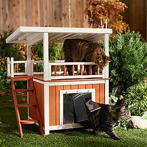 Frisco Outdoor Wooden Cat House with Balcony & Step Ladder, Brown