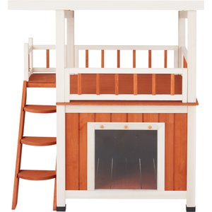 Frisco Outdoor Wooden Cat House with Balcony & Step Ladder, Brown